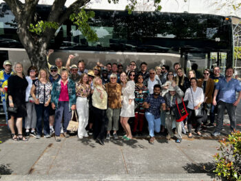 Guests lined up outside the bus