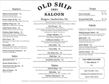 Old Ship Saloon Food Menu